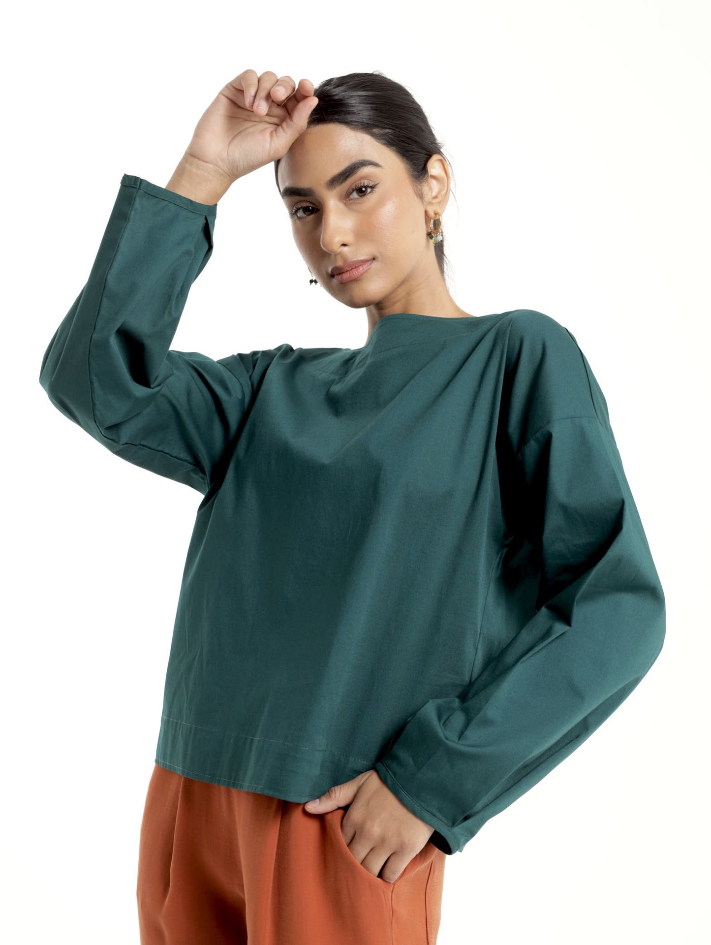 PLEATED CUFF BOX TOP / DEEP TEAL