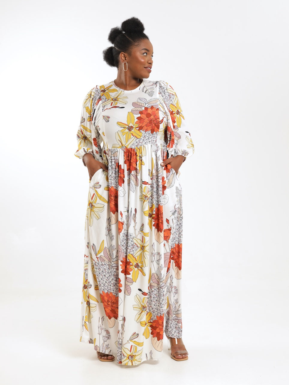 ANGEL SLEEVE MAXI DRESS / MULTIFLORA BOUQUET WHITE