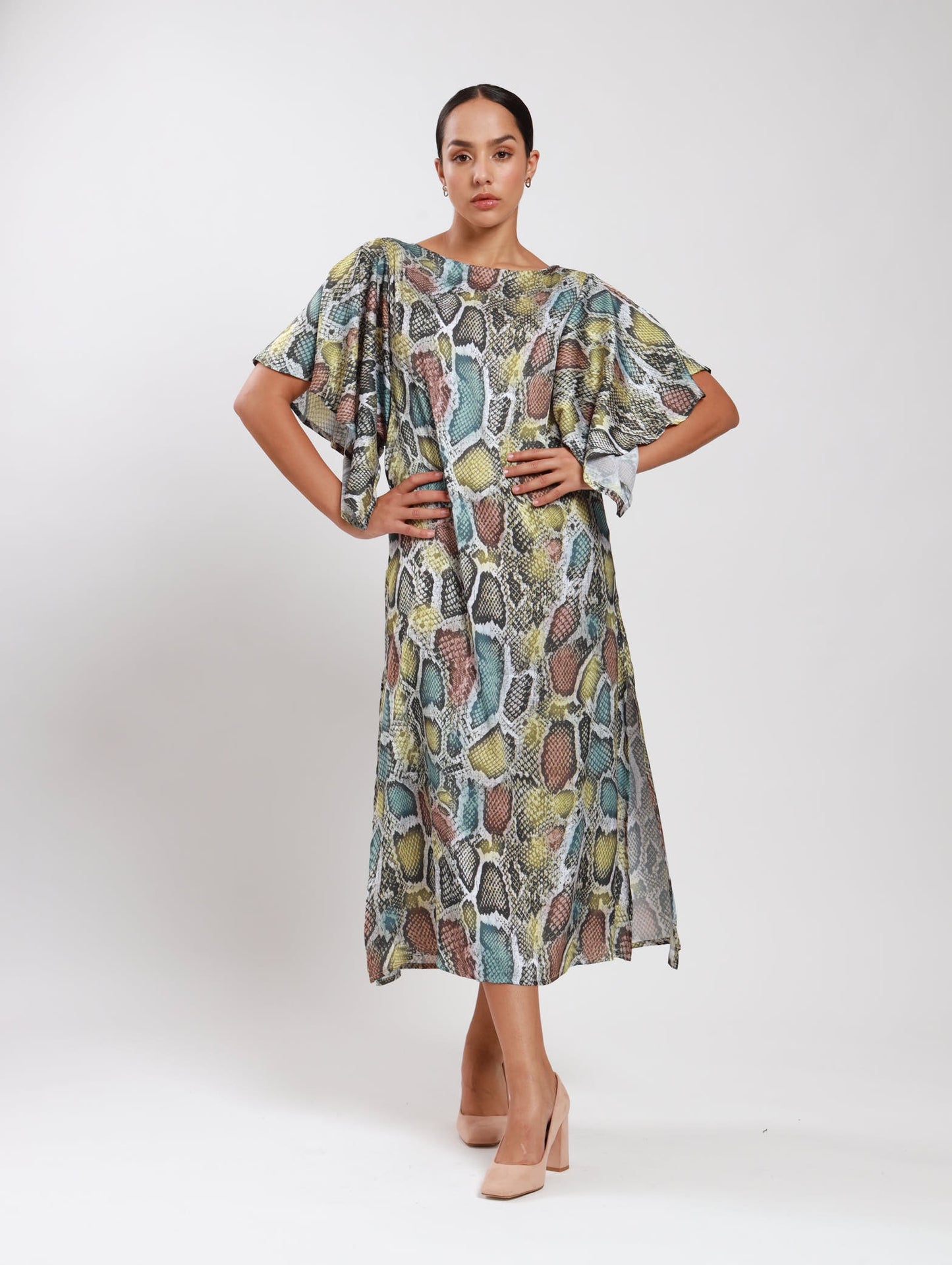 FLUTTER SLEEVE DRESS / TRI-COLOUR SNAKESKIN