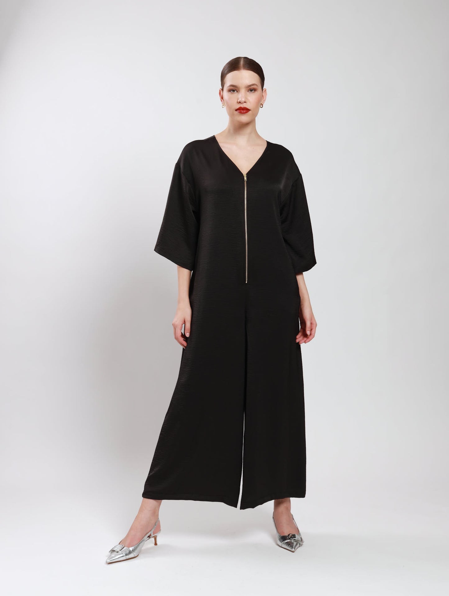 WIDE LEG PALAZZO JUMPSUIT / BLACK TEXTURED SATIN