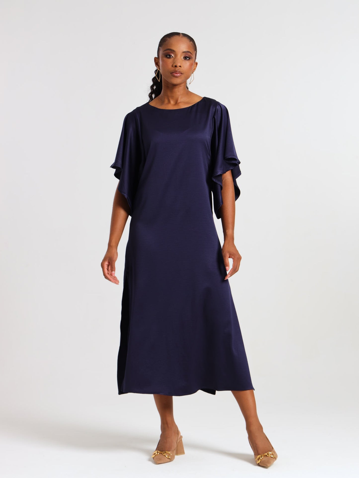 FLUTTER SLEEVE DRESS / INK SUEDED SATIN