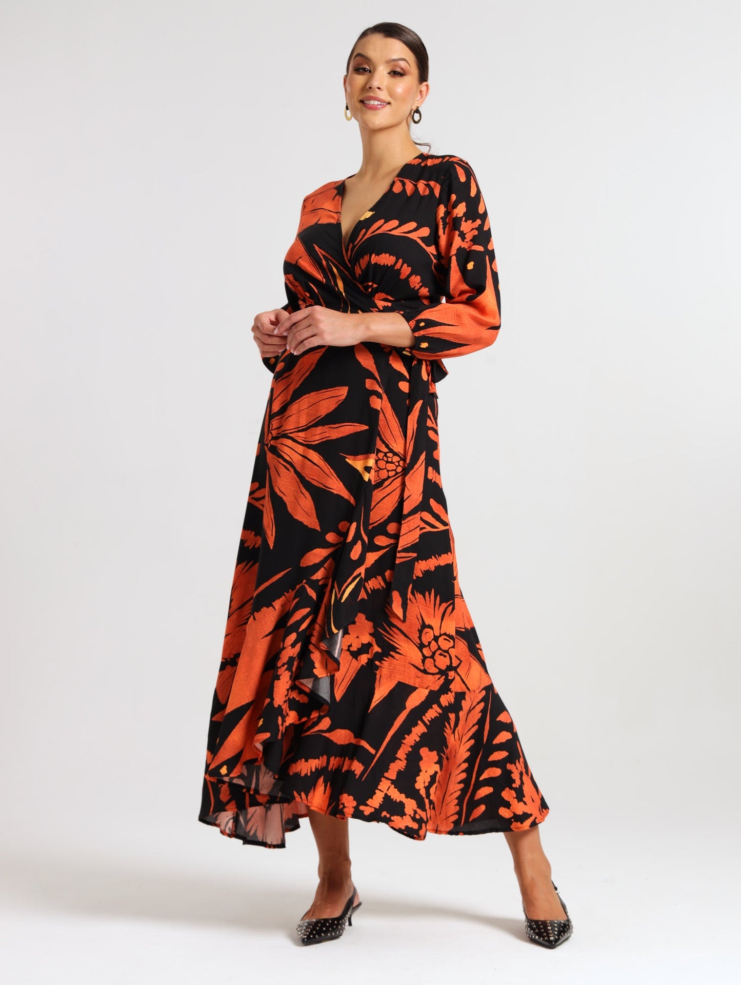 RUFFLE WRAP DRESS / TERRA PALM