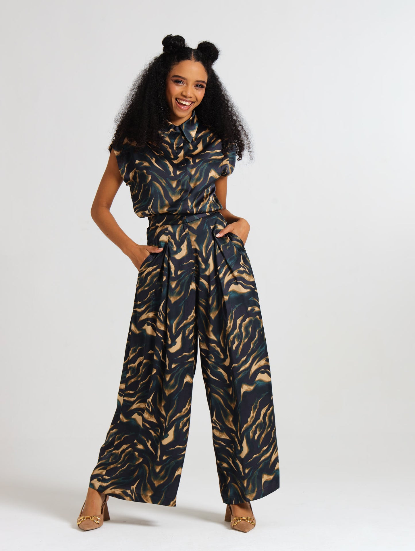 PLEAT DETAIL PALAZZO / TEAL TIGER