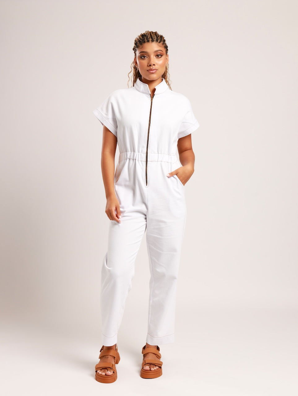 ZIP FRONT OVERALL / WHITE DENIM