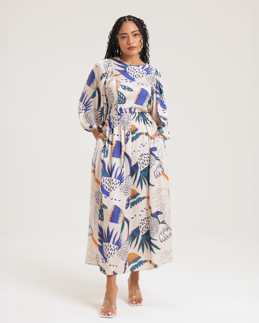ANGEL SLEEVE MAXI DRESS / ABSTRACT POPPY