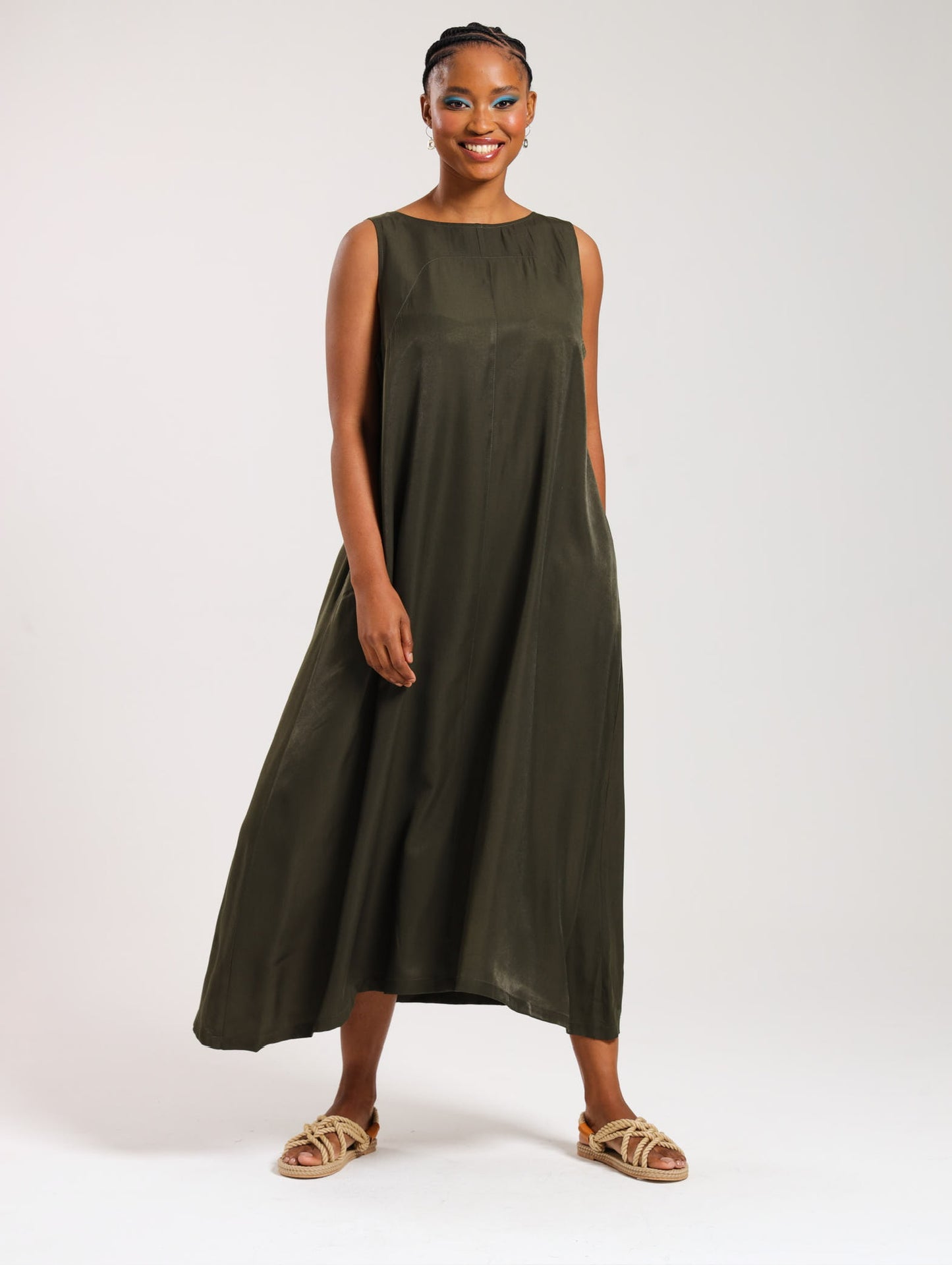 MAXI TANK DRESS / OLIVE SATIN TWILL