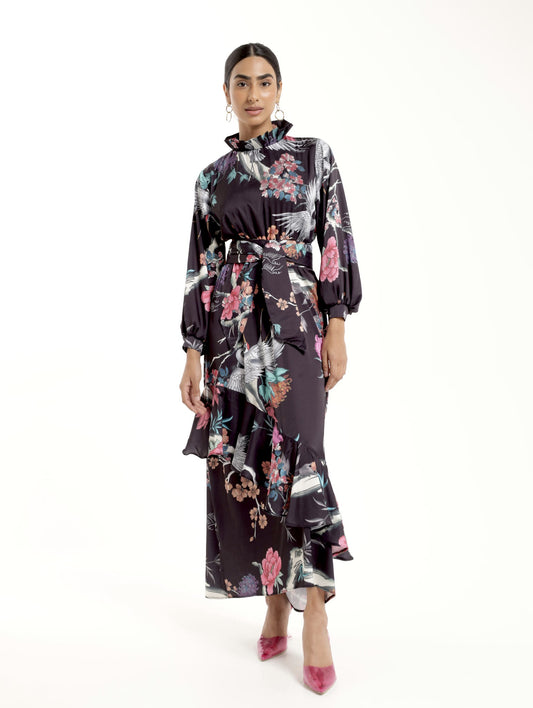 XO PLEATED MAXI DRESS / CHERRY BLOSSOM GARDEN