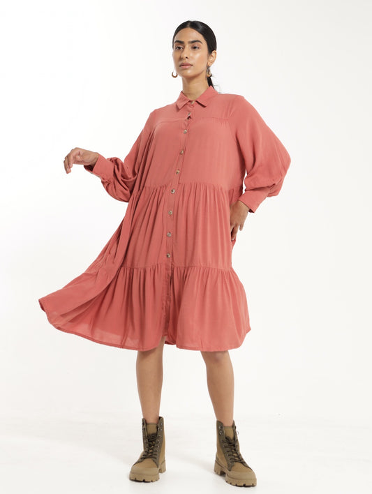 LS RUFFLE SHIRT DRESS / BRICK