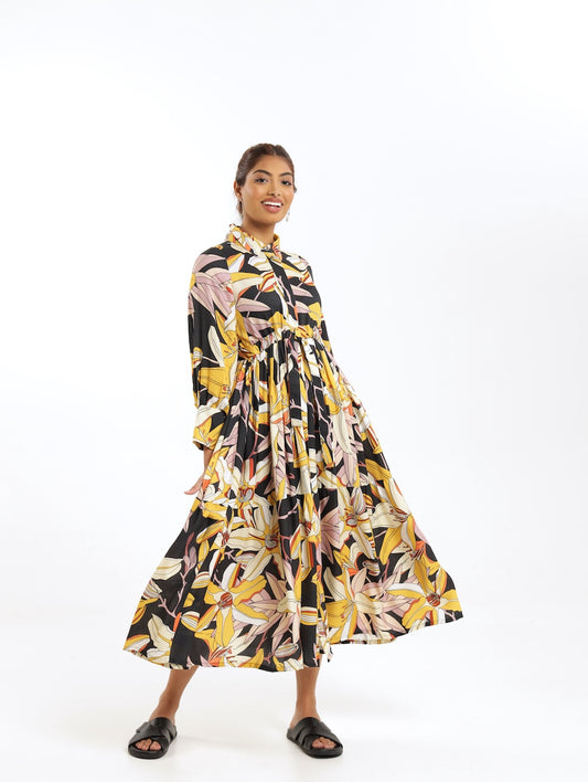 DRAWSTRING SHIRT DRESS / MULTIFLORA BLACK