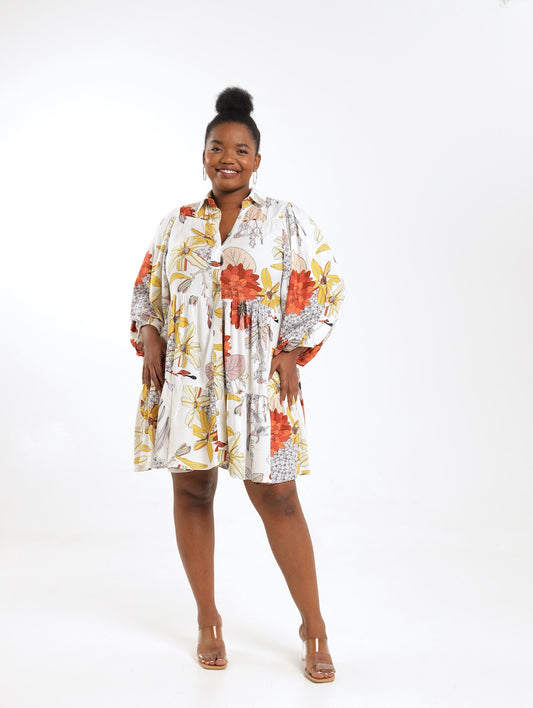 LONGSLEEVE MIDI RUFFLE DRESS / MULTIFLORA BOUQUET WHITE