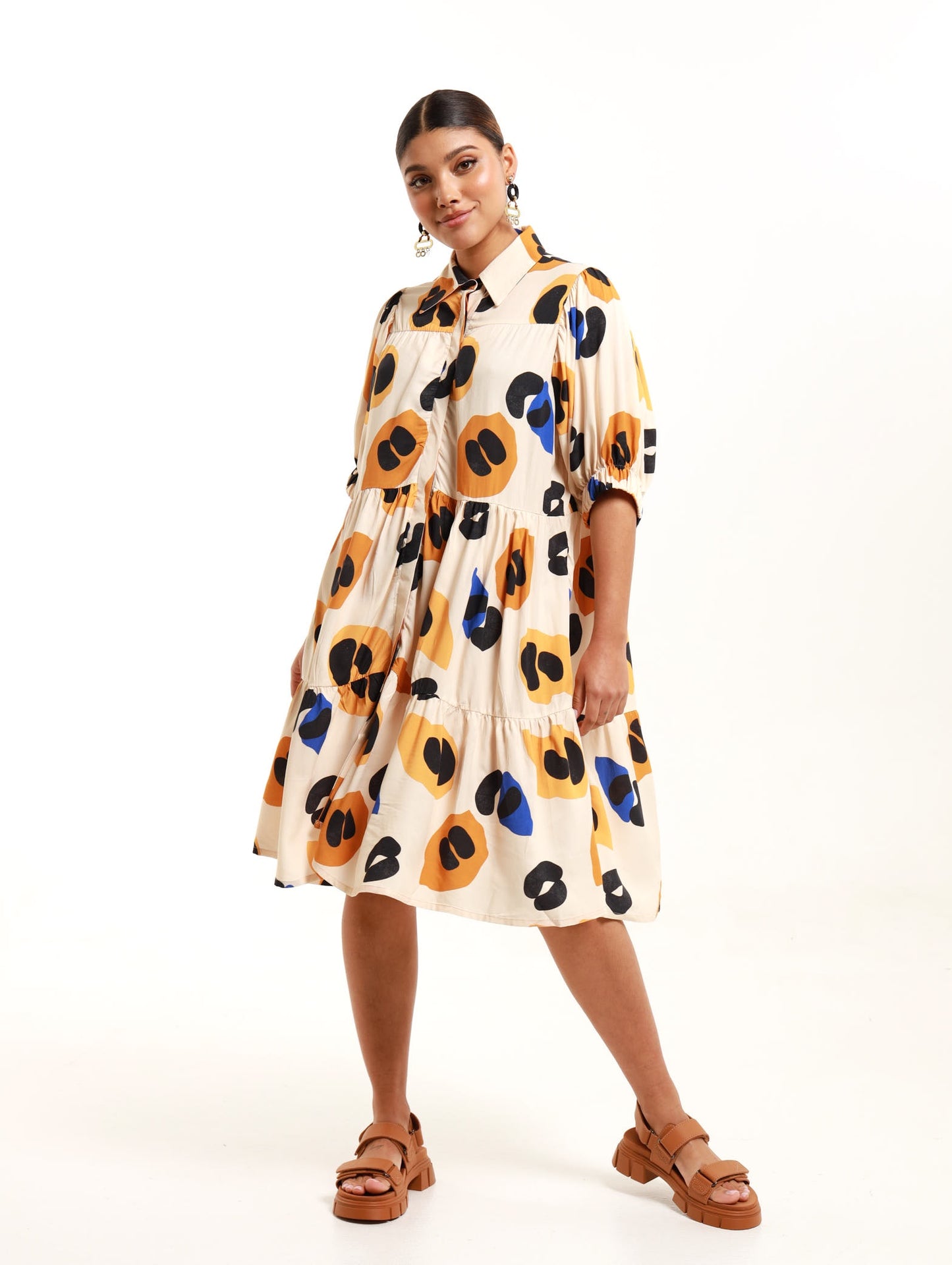 MIDI RUFFLE SHIRT DRESS / ABSTRACT PANTHERA