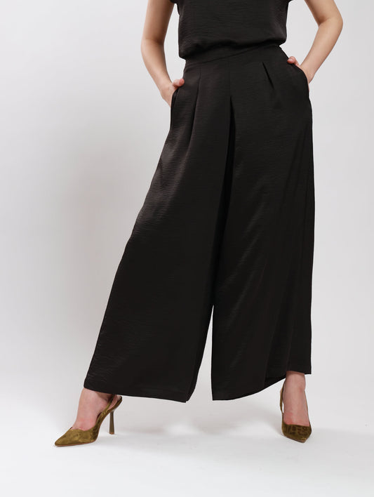 CROPPED WIDE LEG PALAZZO / BLACK TEXTURED SATIN