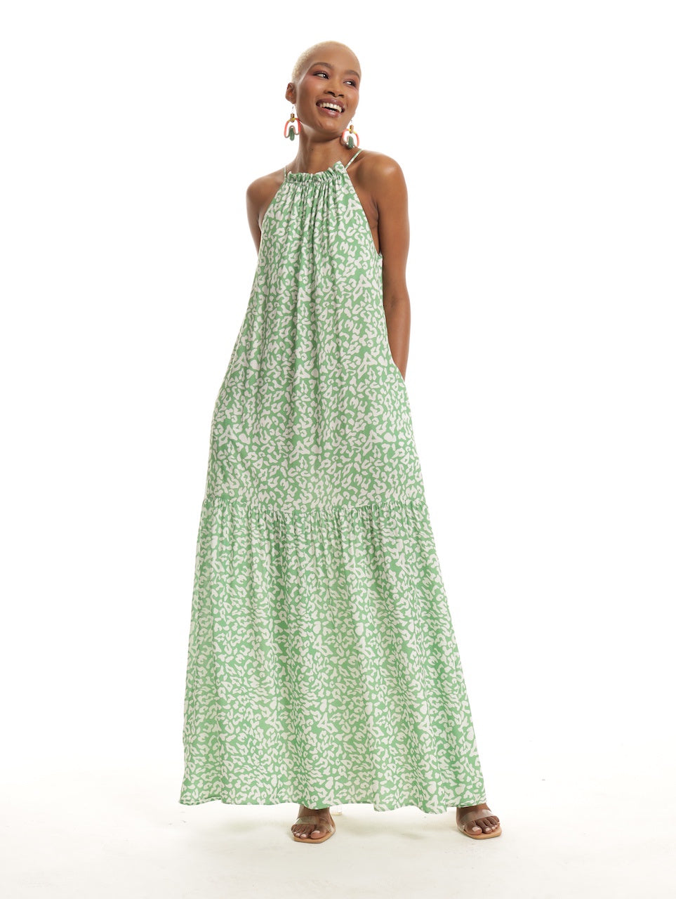 HALTERNECK ROUGED MAXI / SPRING GREEN LEOPARD