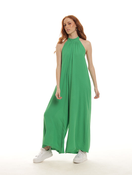 HALTERNECK PALAZZO JUMPSUIT / EMERALD GREEN DAMASK