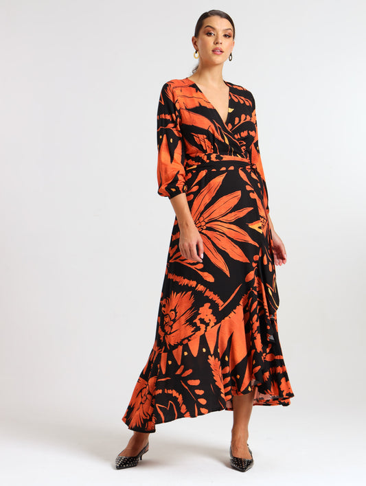 RUFFLE WRAP DRESS / TERRA PALM