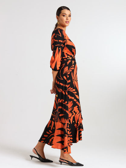 RUFFLE WRAP DRESS / TERRA PALM