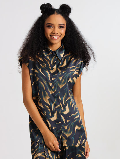 CAPPED SLEEVE TOP / TEAL TIGER