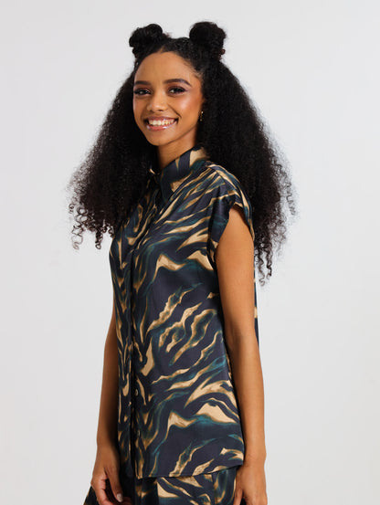 CAPPED SLEEVE TOP / TEAL TIGER