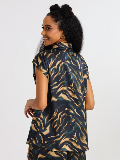 CAPPED SLEEVE TOP / TEAL TIGER