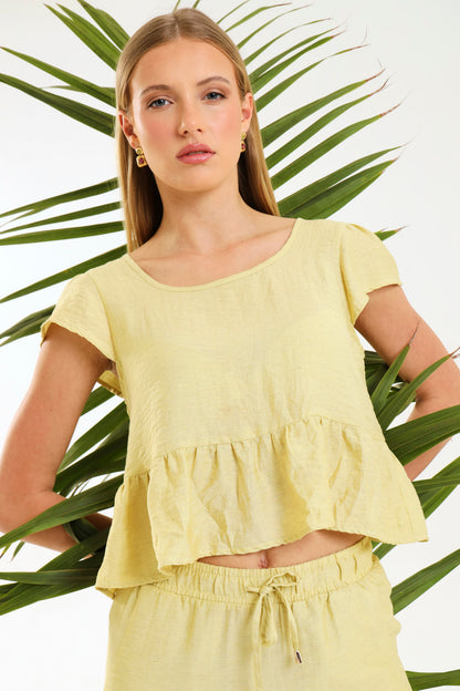 PEPLUM RUFFLE TOP / MISTED MARIGOLD