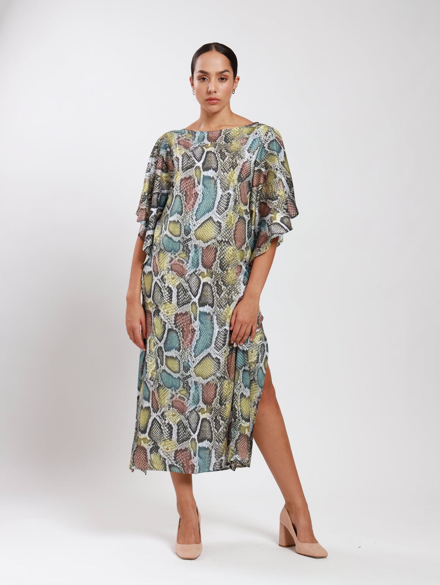 FLUTTER SLEEVE DRESS / TRI-COLOUR SNAKESKIN
