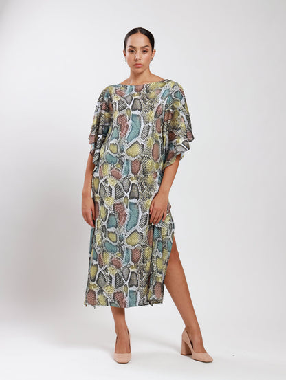 FLUTTER SLEEVE DRESS / TRI-COLOUR SNAKESKIN