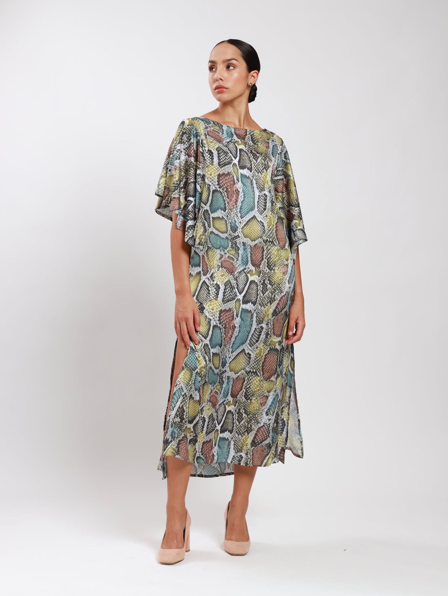 FLUTTER SLEEVE DRESS / TRI-COLOUR SNAKESKIN