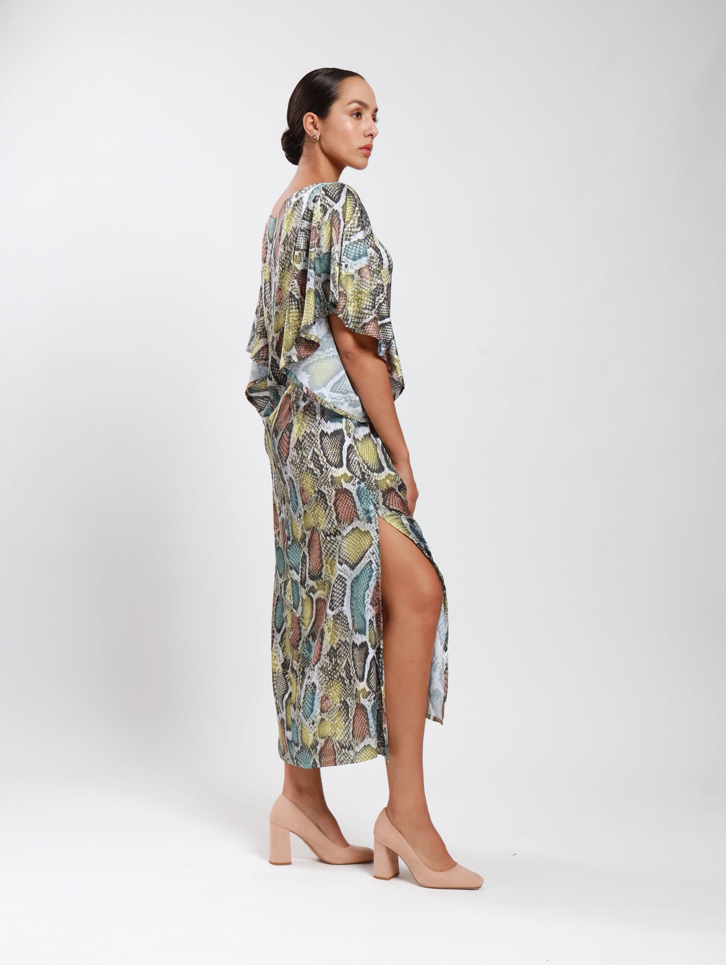 FLUTTER SLEEVE DRESS / TRI-COLOUR SNAKESKIN