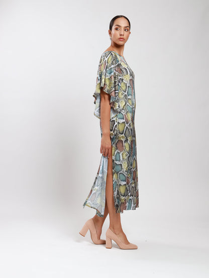 FLUTTER SLEEVE DRESS / TRI-COLOUR SNAKESKIN