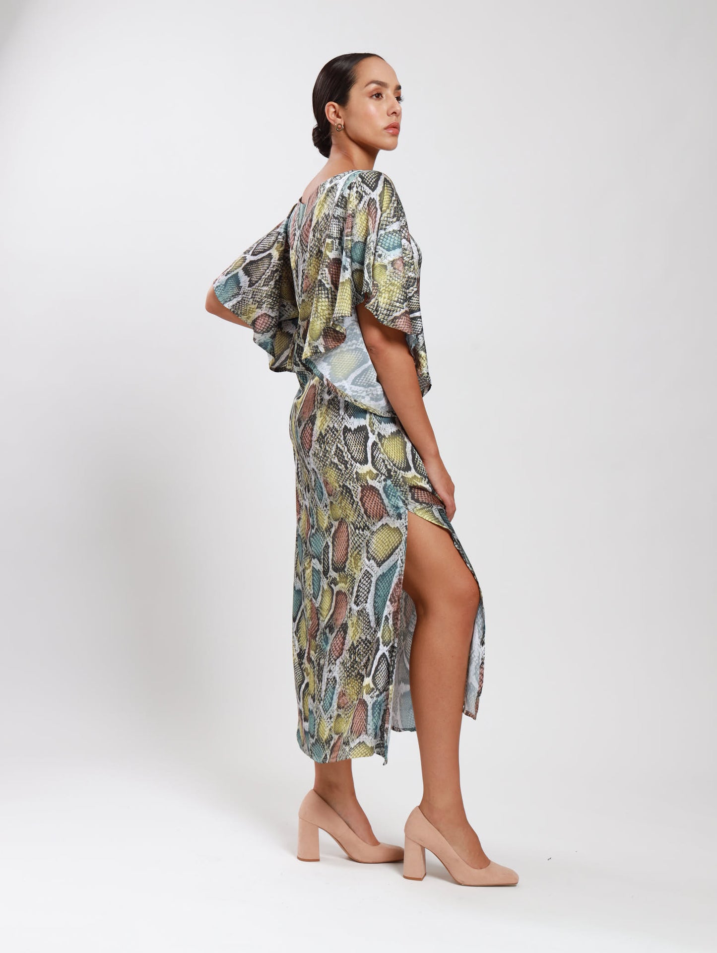 FLUTTER SLEEVE DRESS / TRI-COLOUR SNAKESKIN