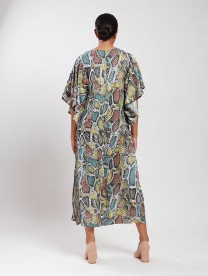 FLUTTER SLEEVE DRESS / TRI-COLOUR SNAKESKIN