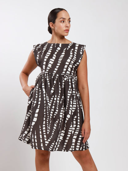BOXY MIDI DRESS / B&W ABSTRACT