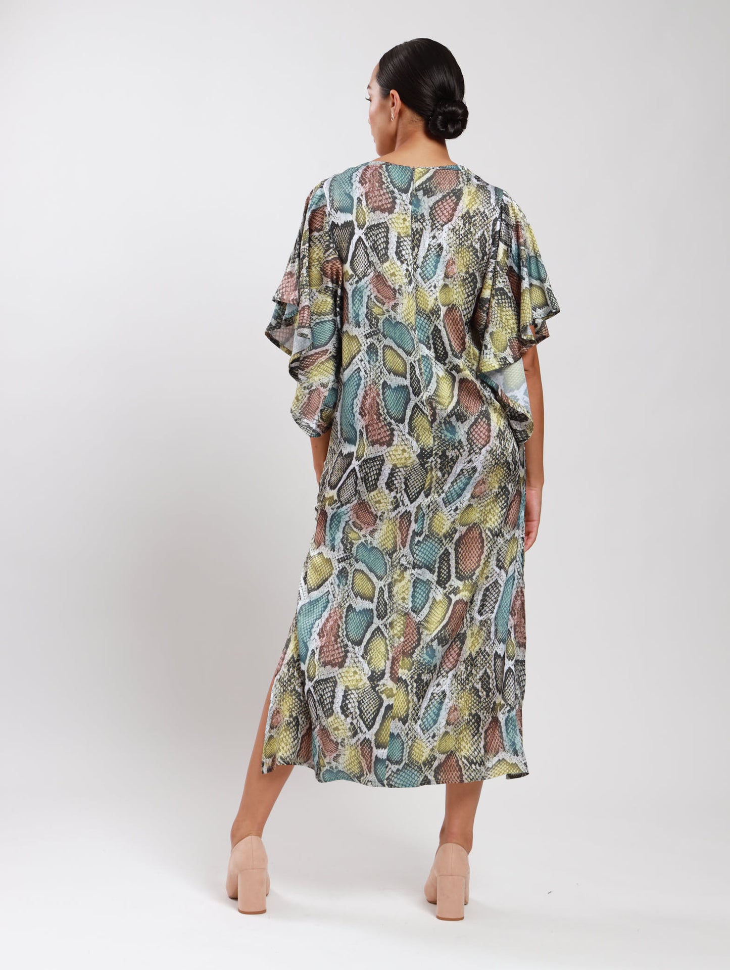 FLUTTER SLEEVE DRESS / TRI-COLOUR SNAKESKIN