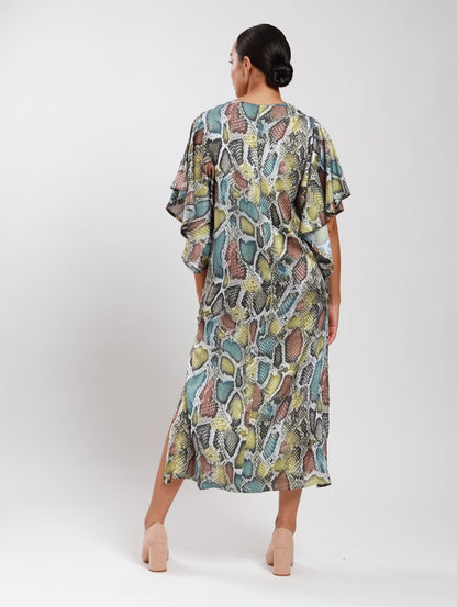 FLUTTER SLEEVE DRESS / TRI-COLOUR SNAKESKIN