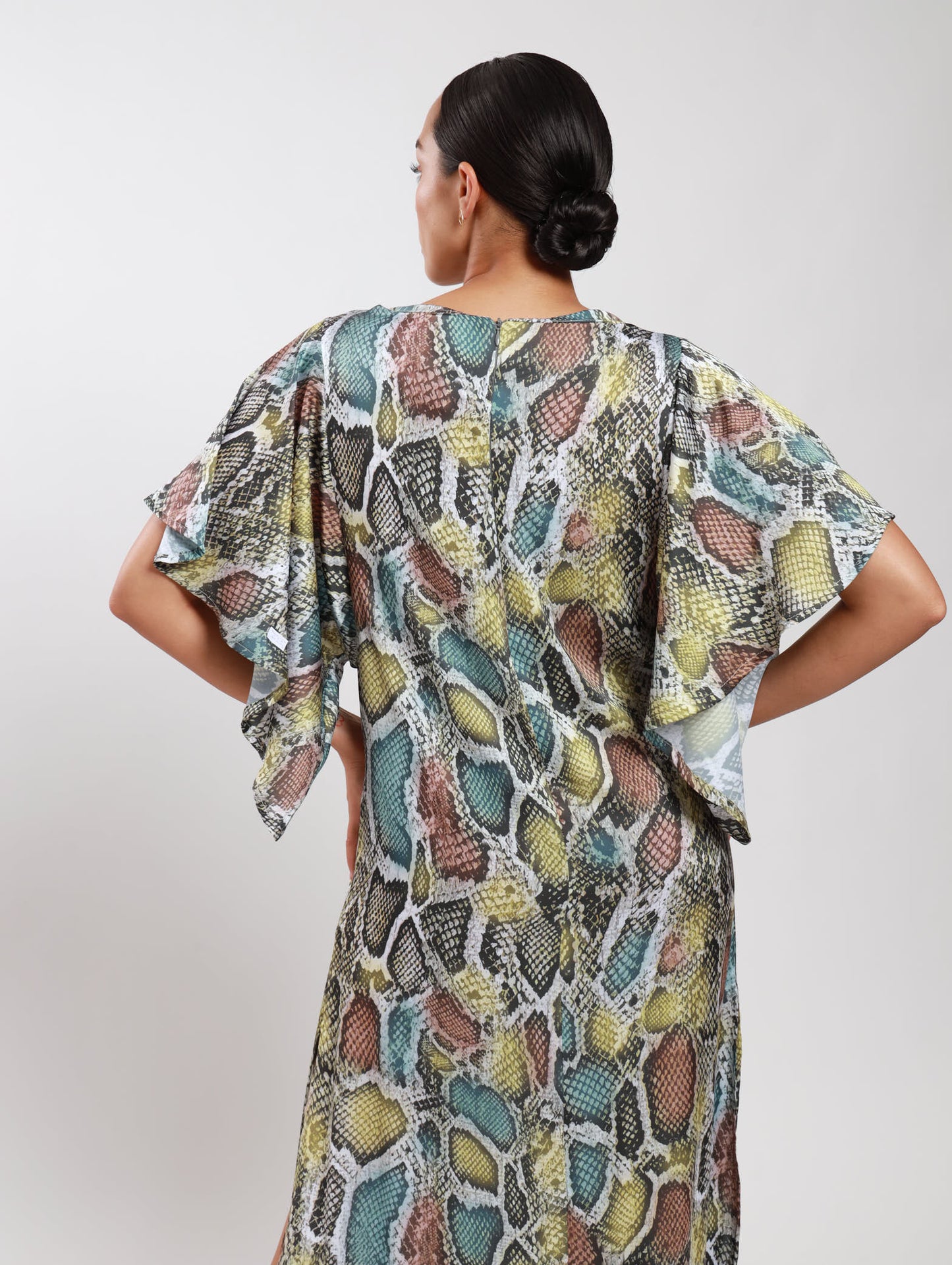 FLUTTER SLEEVE DRESS / TRI-COLOUR SNAKESKIN