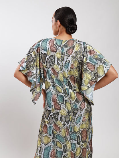 FLUTTER SLEEVE DRESS / TRI-COLOUR SNAKESKIN