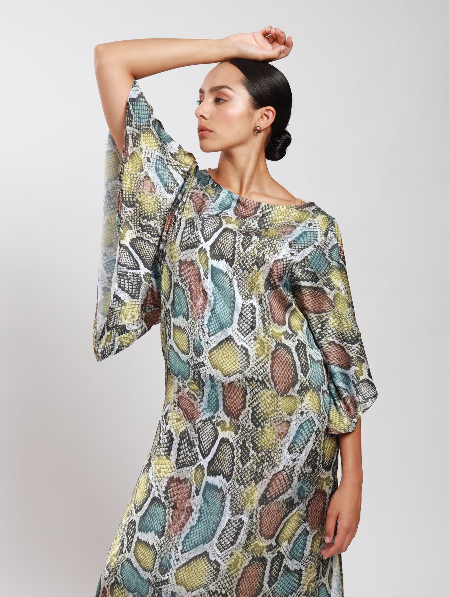 FLUTTER SLEEVE DRESS / TRI-COLOUR SNAKESKIN