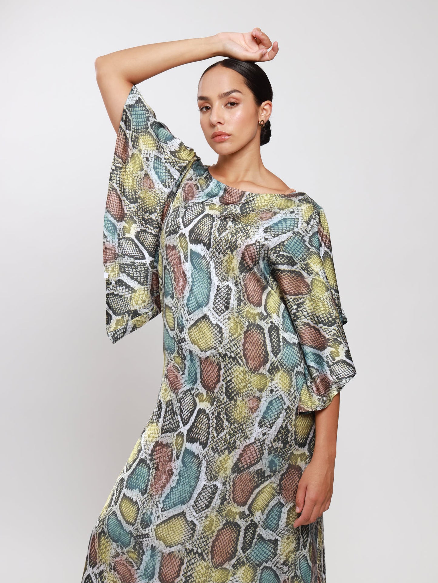 FLUTTER SLEEVE DRESS / TRI-COLOUR SNAKESKIN