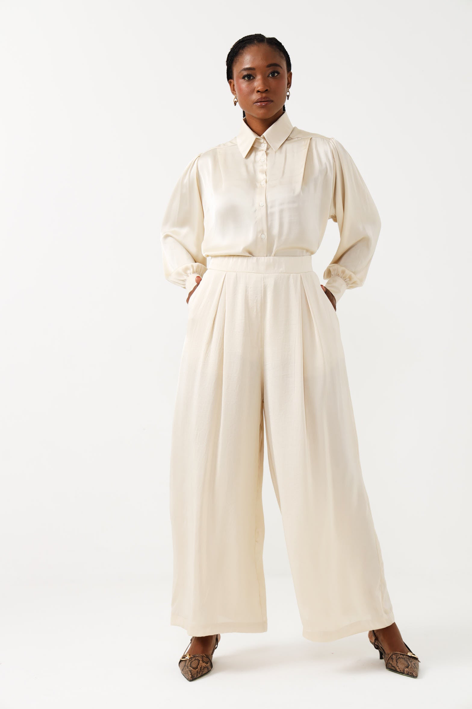 PLEAT PALAZZO / BONE SATIN