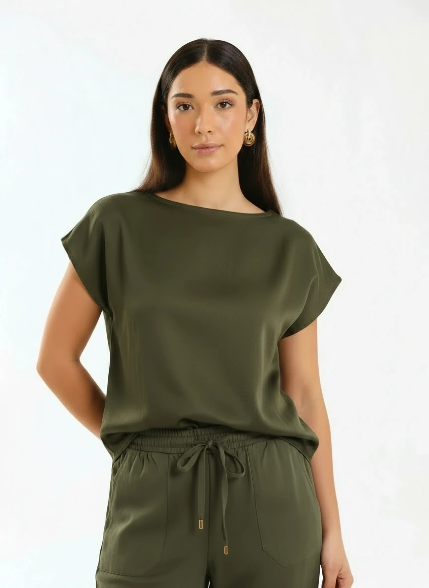 BOX TOP  / OLIVE SATIN TWILL