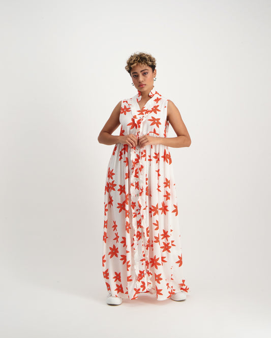 TRAPEZE SLEEVELESS MAXI / ABSTRACT AFRICAN DAISY